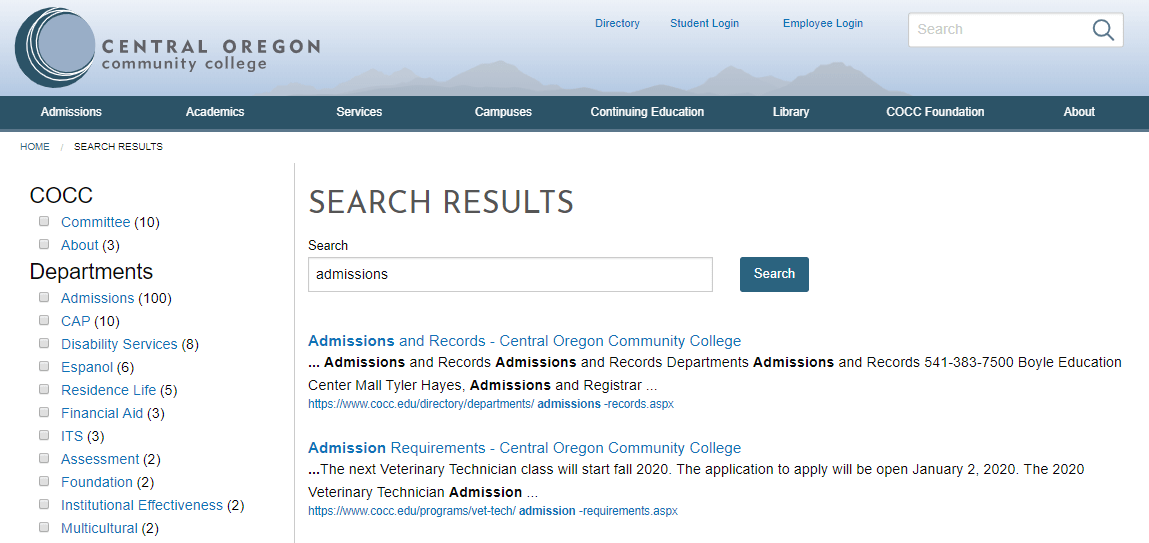 Central Oregon Community College uses Modern Campus CMS Website Search.